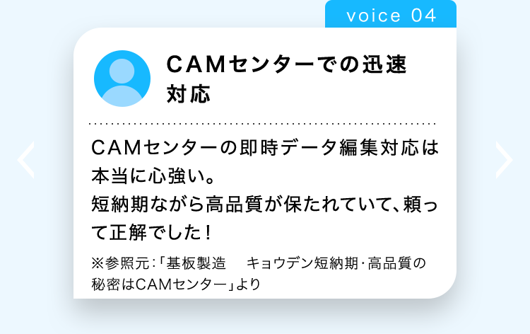 voice 04
CAMセンターでの迅速
対応
CAMセンターの即時データ編集対応は
本当に心強い。
短納期ながら高品質が保たれていて、頼っ
て正解でした!
※参照元: 「基板製造 キョウデン短納期・高品質の
秘密はCAMセンター」より