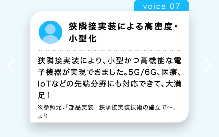 voice 07
狭隣接実装による高密度・
小型化
狭隣接実装により、 小型かつ高機能な電
子機器が実現できました。 5G/6G、医療、
IoTなどの先端分野にも対応できて、大満
足!
※参照元: 「部品実装 狭隣接実装技術の確立で〜」
より