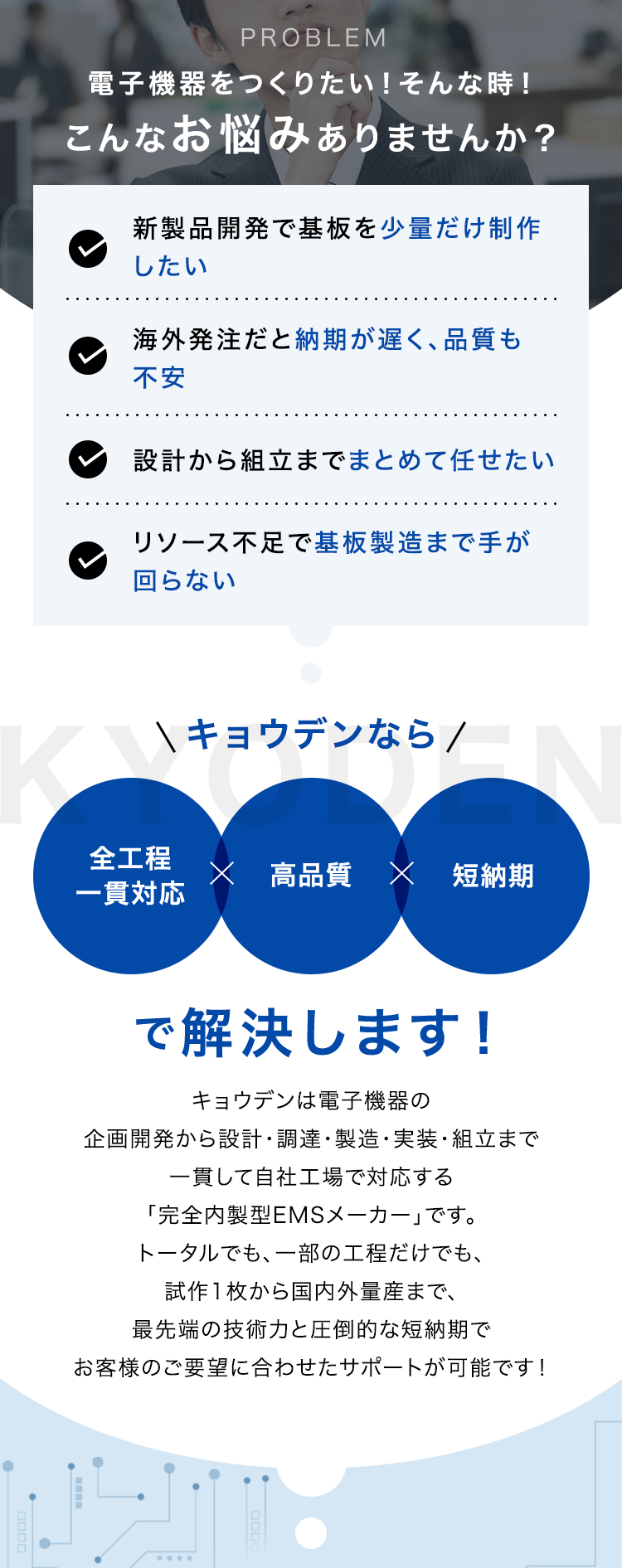 PROBLEM
電子機器をつくりたい! そんな時!
こんなお悩みありませんか?
新製品開発で基板を少量だけ制作
したい
海外発注だと納期が遅く、品質も
不安
設計から組立までまとめて任せたい
リソース不足で基板製造まで手が
回らない
\ キョウデンなら/
全工程
× 高品質 × 短納期
一貫対応
で解決します!
キョウデンは電子機器の
企画開発から設計・調達・製造・実装・組立まで
一貫して自社工場で対応する
「完全内製型EMSメーカー」 です。
トータルでも、一部の工程だけでも、
試作1枚から国内外量産まで、
最先端の技術力と圧倒的な短納期で
お客様のご要望に合わせたサポートが可能です!